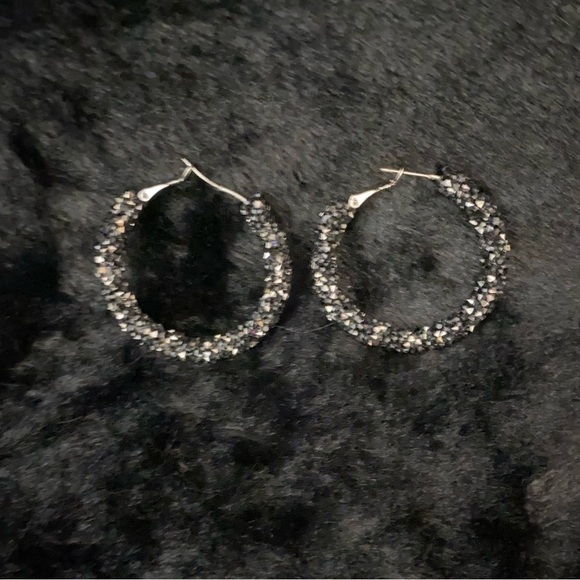 Black Rhinestone Half Hoop Earrings | 2.5 Black Rhinestone Hoop Earrings